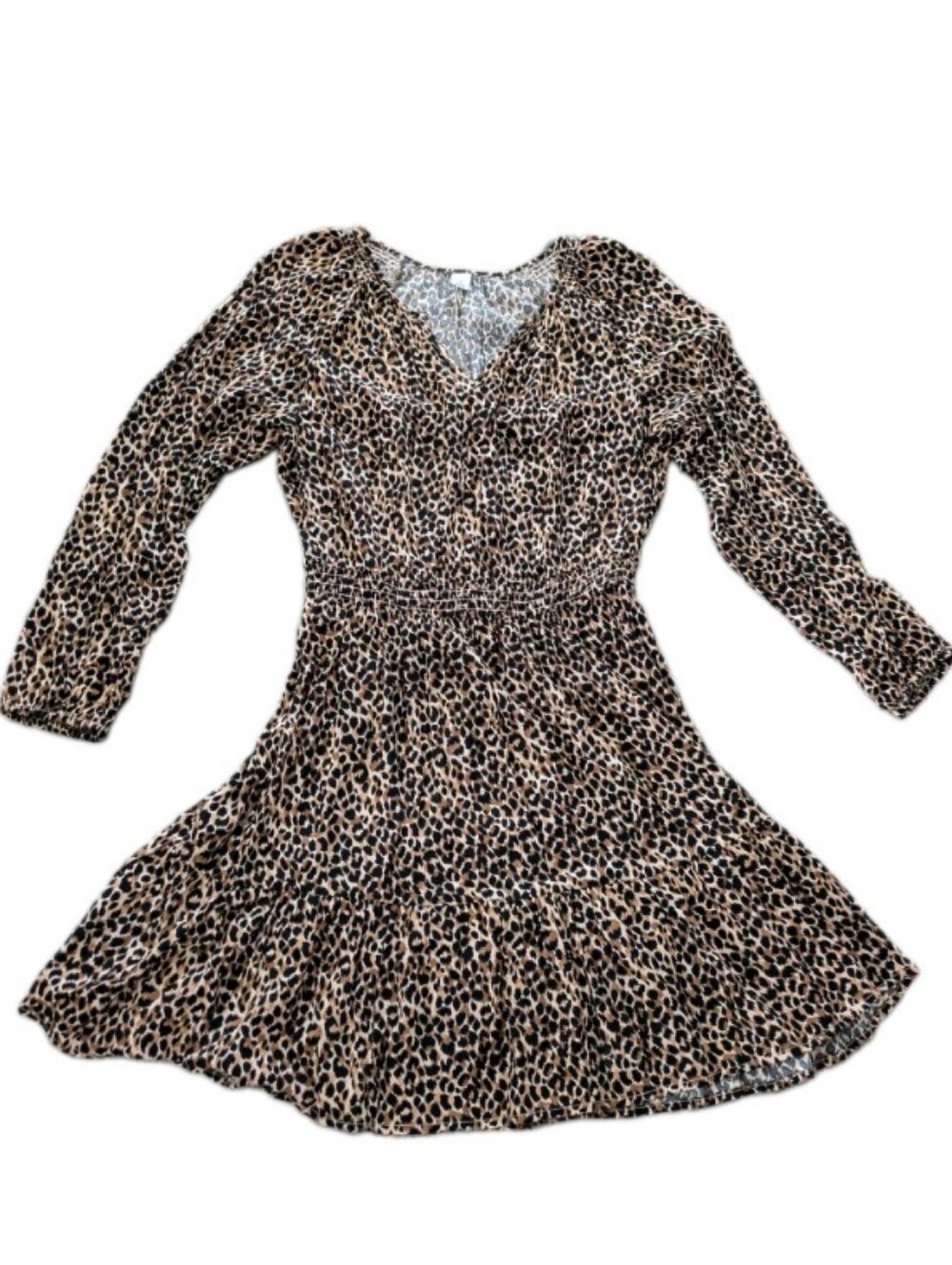 Old Navy S Animal Print Knee Length Dress Tan Black Rayon Long Sleeve V Neck